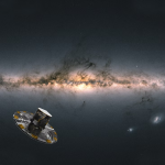 Concepção artística do telescópio espacial Gaia da Agência Espacial Européia observando a galáxia (Esa)